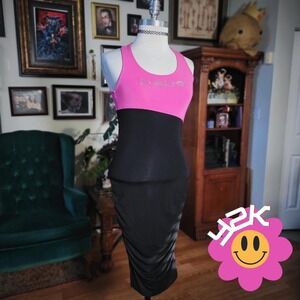 Bebe Pink Tank Dress Vintage Y2K Pink Black Bodycon Racerback Tank Midi Dress